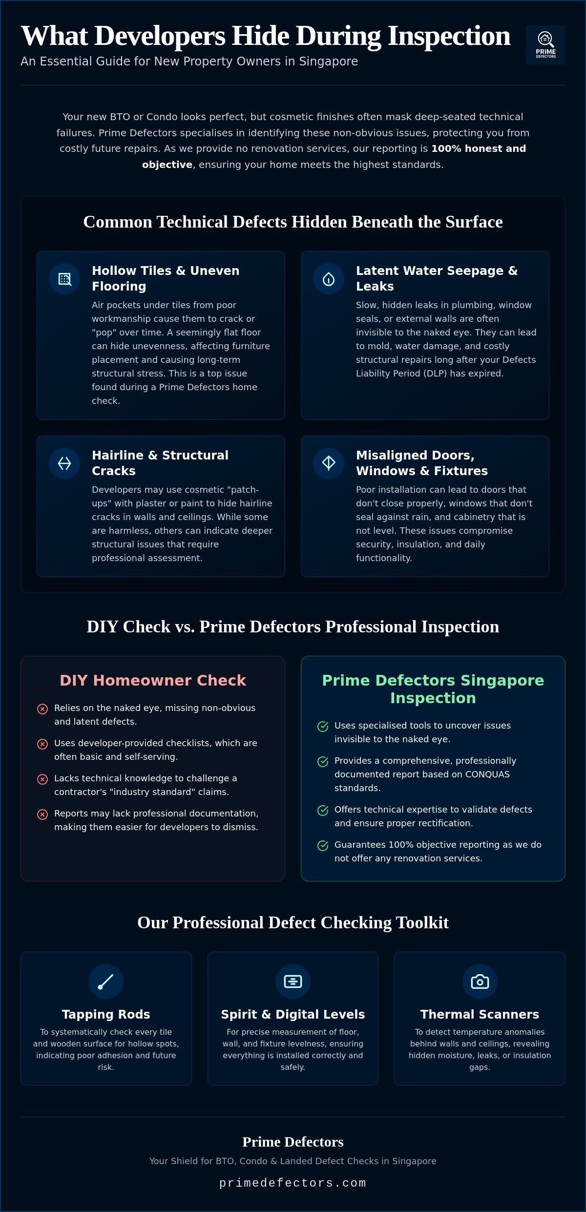 What Developers Hide During Inspection: A Prime Defectors Singapore Guide to Hidden Property Defects Infographic